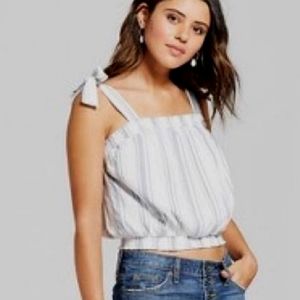 Universal Thread Linen Striped Bubble Crop Tank Top, Tie Straps Blue & White